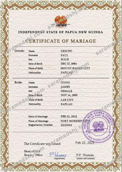 Papua New Guinea marriage certificate PSD template